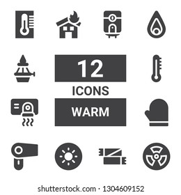 warm icon set. Collection of 12 filled warm icons included Radiation, Scarf, Brightness, Hair dryer, Mitten, Hand dryer, Thermometer, Fire, Flame, Water heater