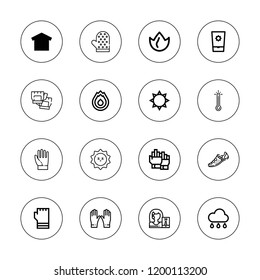 Warm icon set. collection of 16 outline warm icons with fire, glove, gloves, greenhouse, rain, sun, shoe, thermometer icons.