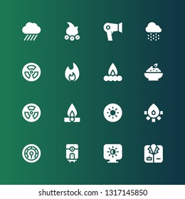 warm icon set. Collection of 16 filled warm icons included Coat, Brightness, Water heater, Thermometer, Fire, Radiation, Porridge, Campfire, Bonfire, Rain, Hair dryer