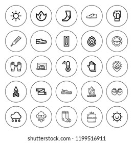 Warm icon set. collection of 25 outline warm icons with bonfire, campfire, camping gas, fire, gloves, rain, scarf, sun, shoe, thermometer, shoes, sock icons. editable icons.