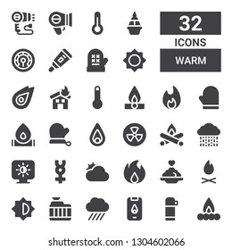 warm icon set. Collection of 32 filled warm icons included Campfire, Thermo, Fire, Rain, Radiator, Brightness, Bonfire, Porridge, Cloudy, Mercury, Radiation, Mitten, Thermometer