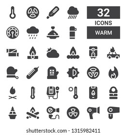 warm icon set. Collection of 32 filled warm icons included Hair dryer, Radiation, Fire, Flame, Sleeping bag, Temperature, Water heater, Thermometer, Bonfire, Brightness, Mitten