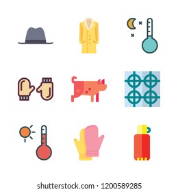 warm icon set. vector set about mittens, hat, temperature and thermos icons set.