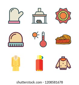 warm icon set. vector set about pie, temperature, thermos and winter hat icons set.