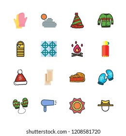 warm icon set. vector set about mitten, mittens, winter hat and bonfire icons set.