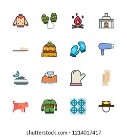 warm icon set. vector set about hat, sweater, iron and heat icons set.