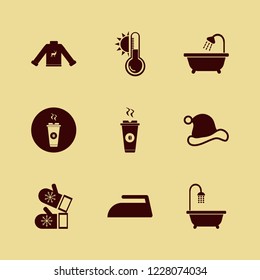 warm icon. warm vector icons set mittens, bathroom shower, santa hat and temperature sun