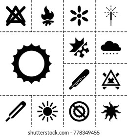 Warm icons. set of 13 editable filled warm icons such as thermometer, sun, no bleaching, themometer, no brightness, sparkler, cold and hote mode