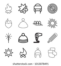 Warm icons. set of 16 editable outline warm icons such as winter hat, bonfire, sun, no brightness, sparkler, cold and hote mode, baby socks, thermometer, baby cap, hair dryer