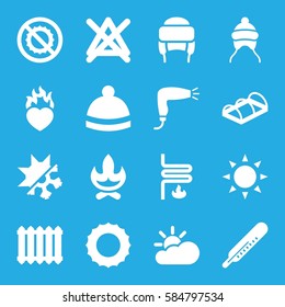 warm icons set. Set of 16 warm filled icons such as sun, thermometer, baby cap, hair dryer, no bleaching, winter hat, greenohuse, no brightness, heart in fire, heating system