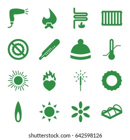 Warm icons set. set of 16 warm filled icons such as sun, thermometer, hair dryer, winter hat, greenohuse, no brightness, heart in fire, sparkler, flame, heating system