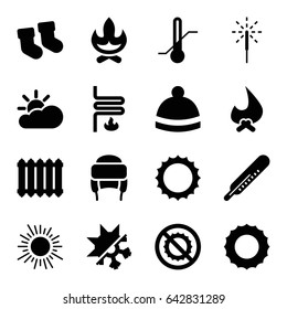 Warm icons set. set of 16 warm filled icons such as baby socks, thermometer, winter hat, no brightness, sparkler, sun, heating system, cold and hote mode, radiator, sun cloud
