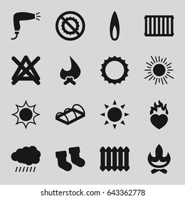 Warm icons set. set of 16 warm filled icons such as sun, baby socks, hair dryer, no bleaching, greenohuse, no brightness, heart in fire, flame, radiator