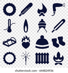 Warm icons set. set of 16 warm filled icons such as baby socks, thermometer, baby cap, hair dryer, winter hat, greenohuse, themometer, heart in fire, sparkler, sun, flame