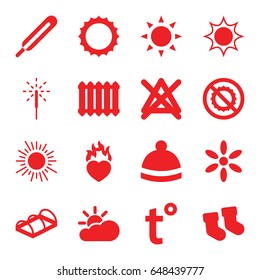 Warm icons set. set of 16 warm filled icons such as sun, baby socks, no bleaching, winter hat, greenohuse, themometer, no brightness, heart in fire, sparkler, radiator