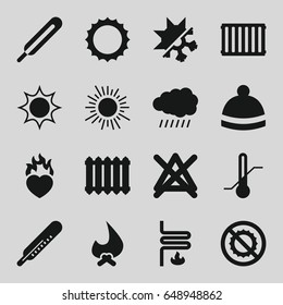 Warm icons set. set of 16 warm filled icons such as sun, thermometer, no bleaching, winter hat, themometer, no brightness, heart in fire, heating system, cold and hote mode