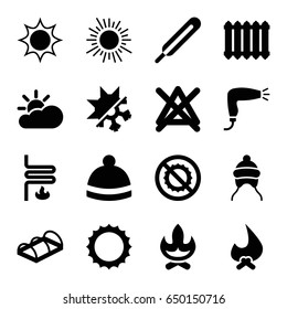 Warm icons set. set of 16 warm filled icons such as baby cap, hair dryer, no bleaching, winter hat, greenohuse, themometer, no brightness, sun, heating system
