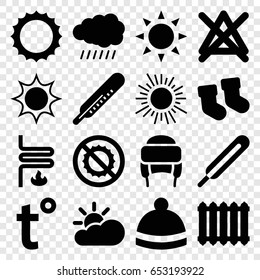 Warm icons set. set of 16 warm filled icons such as sun, baby socks, thermometer, no bleaching, winter hat, themometer, no brightness, heating system, radiator, temperature