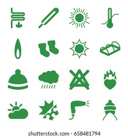 Warm icons set. set of 16 warm filled icons such as sun, baby socks, baby cap, hair dryer, no bleaching, winter hat, greenohuse, themometer, thermometer, heart in fire, flame