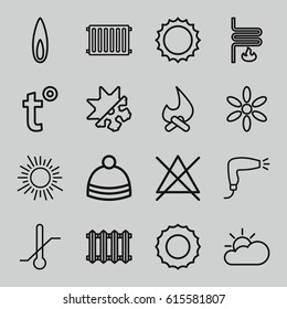 Warm icons set. set of 16 warm outline icons such as sun, hair dryer, no bleaching, winter hat, thermometer, flame, heating system, cold and hote mode, radiator, temperature