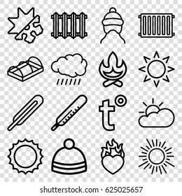 Warm icons set. set of 16 warm outline icons such as sun, thermometer, baby cap, winter hat, greenohuse, themometer, heart in fire, cold and hote mode, radiator, temperature