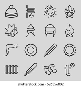 Warm icons set. set of 16 warm outline icons such as baby socks, thermometer, baby cap, hair dryer, winter hat, themometer, sun, heating system, cold and hote mode, radiator