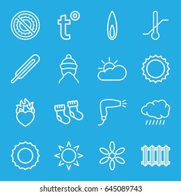 Warm icons set. set of 16 warm outline icons such as sun, baby socks, baby cap, hair dryer, themometer, no brightness, thermometer, heart in fire, flame, radiator, temperature