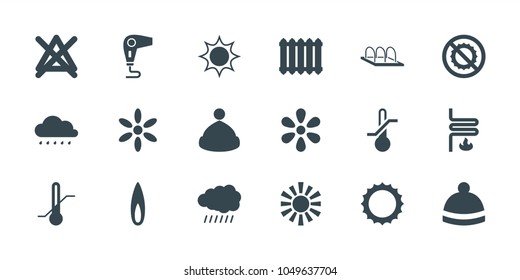 Warm icons. set of 18 editable filled warm icons: sun, no bleaching, winter hat, no brightness, thermometer, flame, heating system, radiator, hair dryer