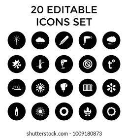 Warm icons. set of 20 editable filled warm icons such as sun, thermometer, hair dryer, bonfire, no brightness, sparkler, flame. best quality warm elements in trendy style.