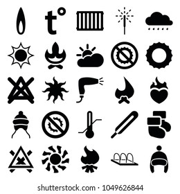 Warm icons. set of 25 editable filled warm icons such as baby cap, hair dryer, no bleaching, sun, bonfire, themometer, no brightness, thermometer, sparkler, flame, radiator