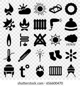 Warm icons set. set of 25 warm filled icons such as sun, baby socks, thermometer, baby cap, hair dryer, no bleaching, winter hat, greenohuse, heart in fire, sparkler, flame