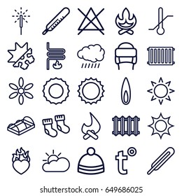 Warm icons set. set of 25 warm outline icons such as sun, baby socks, thermometer, no bleaching, winter hat, greenohuse, themometer, heart in fire, sparkler, flame