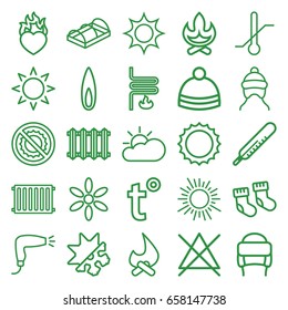 Warm icons set. set of 25 warm outline icons such as sun, baby socks, thermometer, baby cap, hair dryer, no bleaching, winter hat, greenohuse, no brightness, heart in fire