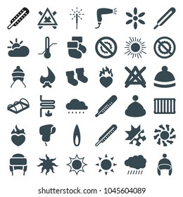 Warm icons. set of 36 editable filled warm icons such as sun, baby socks, thermometer, baby cap, hair dryer, no bleaching, winter hat, bonfire, greenohuse, themometer