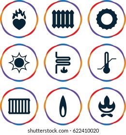 Warm icons set. set of 9 warm filled icons such as thermometer, heart in fire, flame, heating system, radiator, bonfire