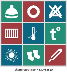 Warm icons set. set of 9 warm filled icons such as baby socks, no bleaching, winter hat, themometer, thermometer, radiator, temperature