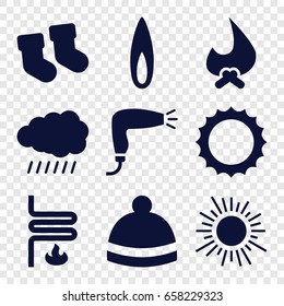 Warm icons set. set of 9 warm filled icons such as sun, baby socks, hair dryer, winter hat, flame, heating system
