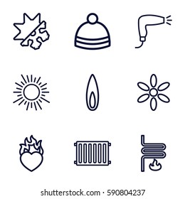 warm icons set. Set of 9 warm outline icons such as sun, hair dryer, winter hat, heart in fire, flame, heating system, cold and hote mode