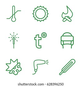 Warm icons set. set of 9 warm outline icons such as hair dryer, winter hat, themometer, thermometer, sparkler, sun, cold and hote mode, temperature