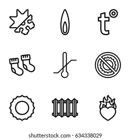 Warm icons set. set of 9 warm outline icons such as baby socks, no brightness, thermometer, heart in fire, flame, cold and hote mode, radiator, temperature