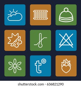 Warm icons set. set of 9 warm outline icons such as sun, no bleaching, winter hat, thermometer, heart in fire, cold and hote mode, radiator, temperature