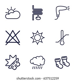 Warm icons set. set of 9 warm outline icons such as sun, baby socks, hair dryer, no bleaching, thermometer, heating system, cold and hote mode
