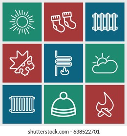 Warm icons set. set of 9 warm outline icons such as baby socks, winter hat, heating system, cold and hote mode, radiator, sun cloud, bonfire