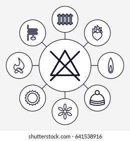 Warm icons set. set of 9 warm outline icons such as sun, no bleaching, winter hat, heart in fire, flame, heating system, radiator