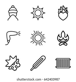 Warm icons set. set of 9 warm outline icons such as baby cap, hair dryer, themometer, heart in fire, cold and hote mode, radiator, sun