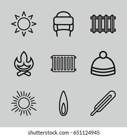 Warm icons set. set of 9 warm outline icons such as sun, winter hat, themometer, flame, radiator