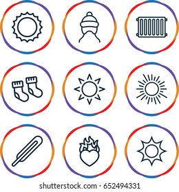 Warm icons set. set of 9 warm outline icons such as sun, baby socks, baby cap, themometer, heart in fire