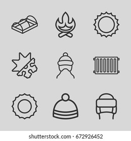 Warm icons set. set of 9 warm outline icons such as baby cap, winter hat, greenohuse, sun, cold and hote mode, radiator