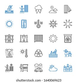 warm icons set. Collection of warm with cold water, cloudy, rain, burning grill, fire, radiation, thermometer, sun, radiator, bonfire, steam. Editable and scalable warm icons.