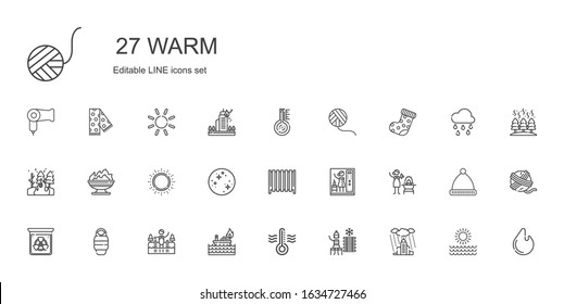 warm icons set. Collection of warm with rain, cold water, thermometer, fire, sleeping bag, radiation, steam, radiator, mercury, sun, sock, wool ball. Editable and scalable warm icons.